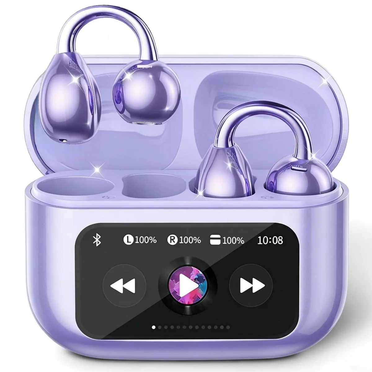 No Sew No Sew M100 Clip-On Earbuds Purple 4.1g 50h Bluetooth 6.0 IPX7 Touchscreen Case — product photo