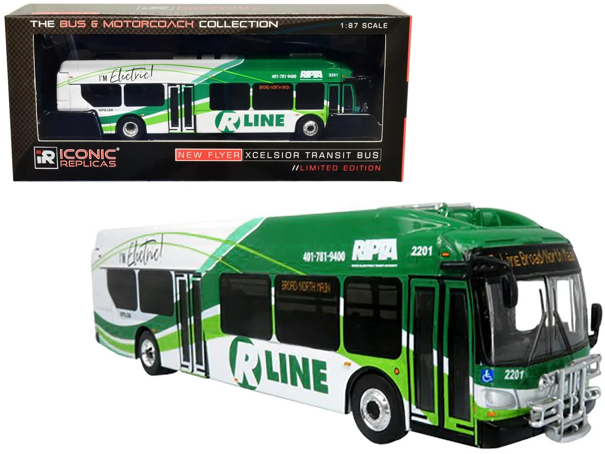Iconic Replicas Iconic Replicas New Flyer Xcelsior Charge NG RIPTA R Line 1/87 Diecast Bus — product photo