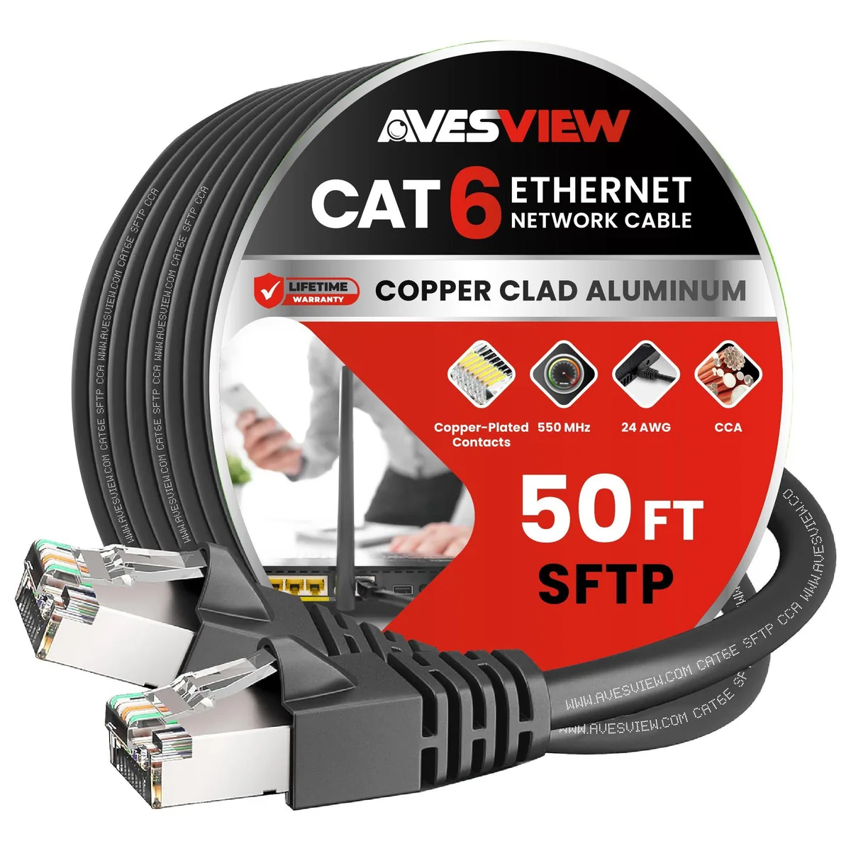 Black 50 ft CAT6 shielded Ethernet cable with RJ45 connectors and snagless boots