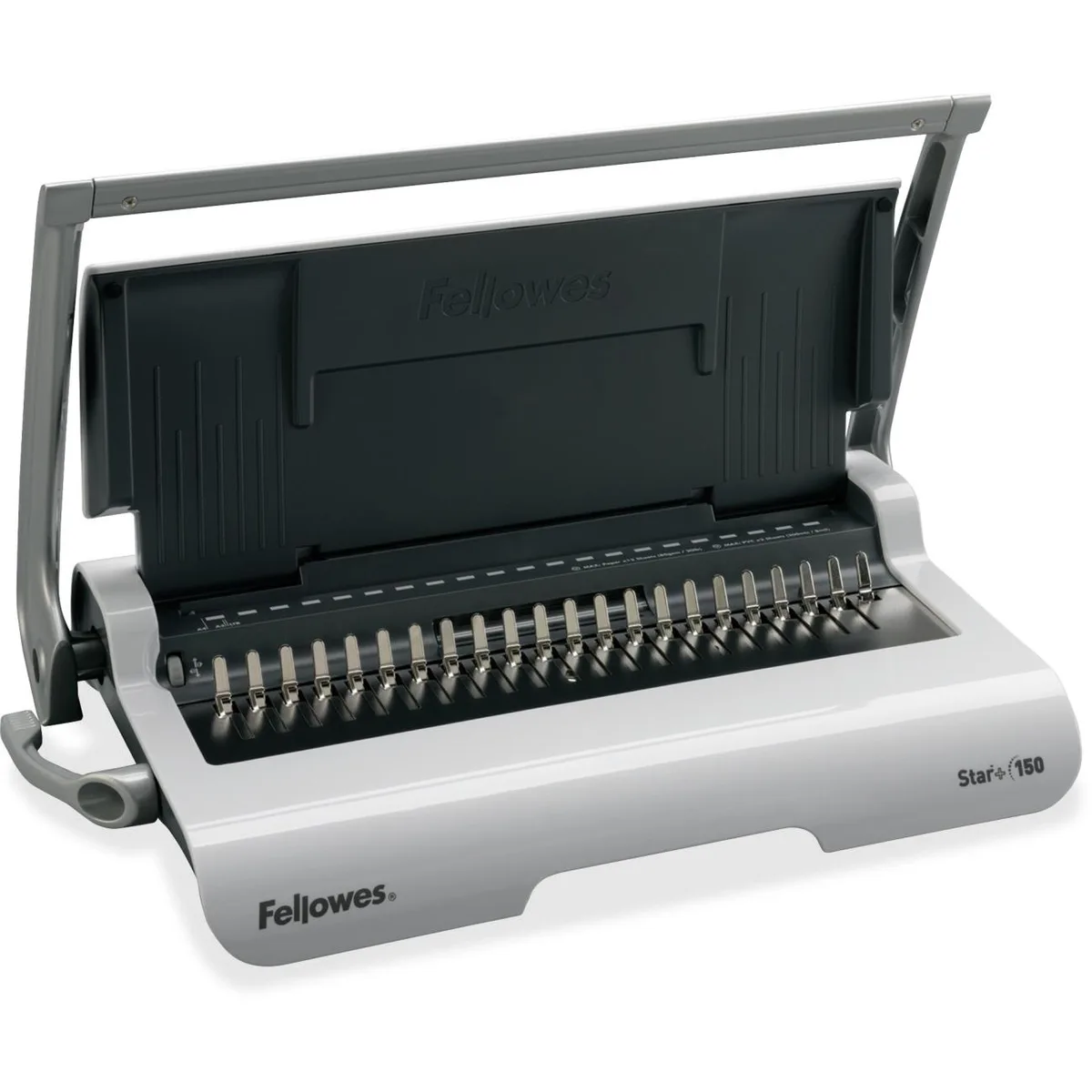White manual comb binding machine with vertical paper slot and adjustable guide