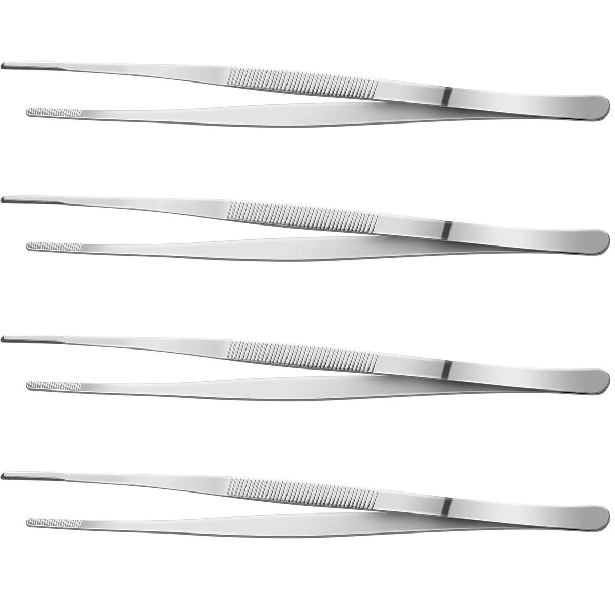 Four silver stainless steel serving tongs, twelve inches long with serrated tips