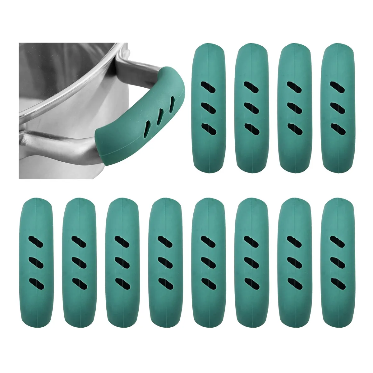 Six pairs of light green silicone pan handle grips, 75 by 20 mm, flexible heat-proof sleeves