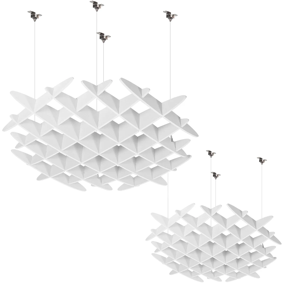 Two square white waffle ceiling panels with stainless cables