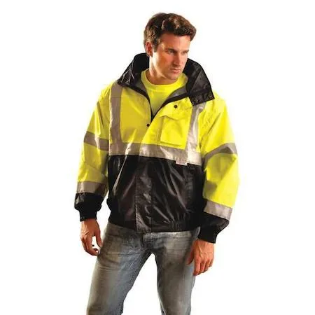 Yellow polyester bomber jacket with zipper and snap-on hood