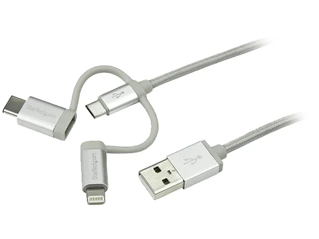 STARTECH STARTECH LTCUB1MGR lightning cable 3.3 ft USB-A to Lightning USB-C Micro-B braided — product photo