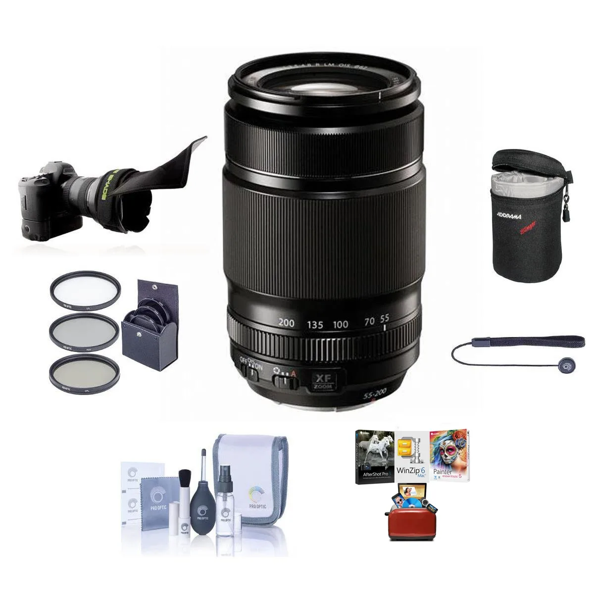 FUJIFILM FUJIFILM XF 55-200mm f/3.5-4.8 R LM OIS camera lens with 62mm filter kit — product photo