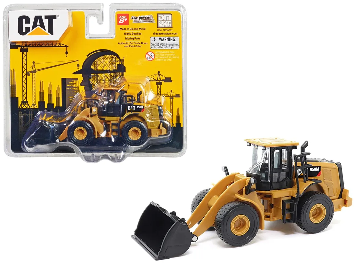 Yellow 1/64 scale diecast CAT 950M wheel loader with rubber tyres, moving bucket and stick, authentic yellow finish in blister pack