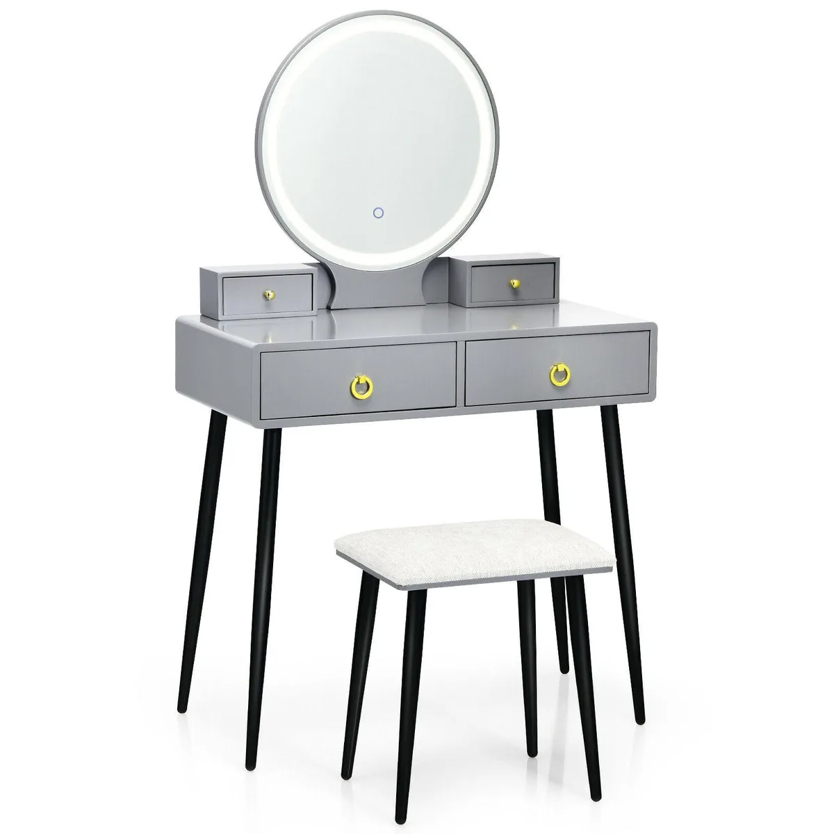Grey vanity table with round LED mirror, steel legs, matching stool
