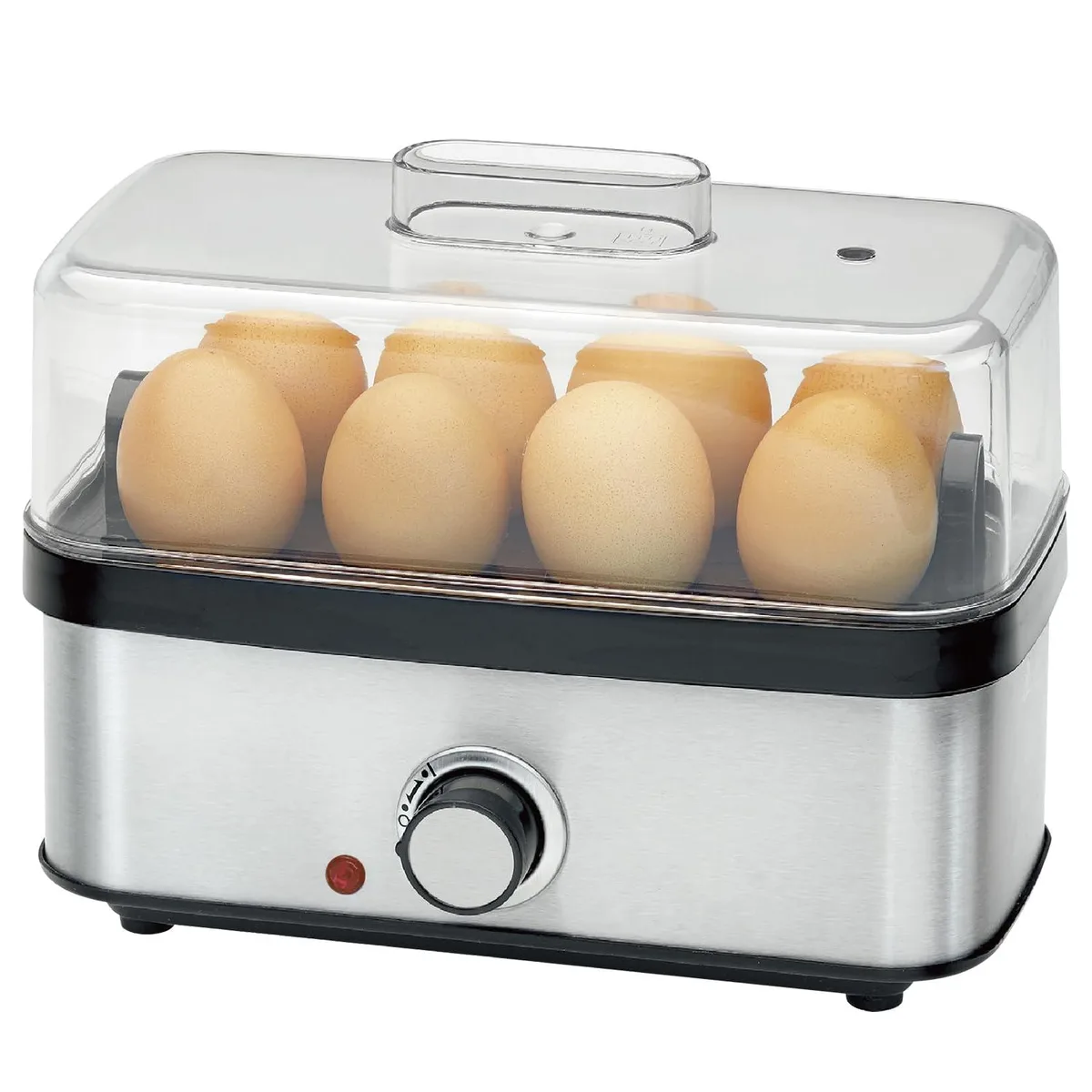 White compact electric egg cooker with clear lid and removable egg tray