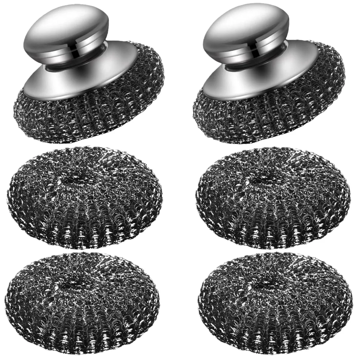 Six stainless steel wire scrubbers with handles in a compact pack