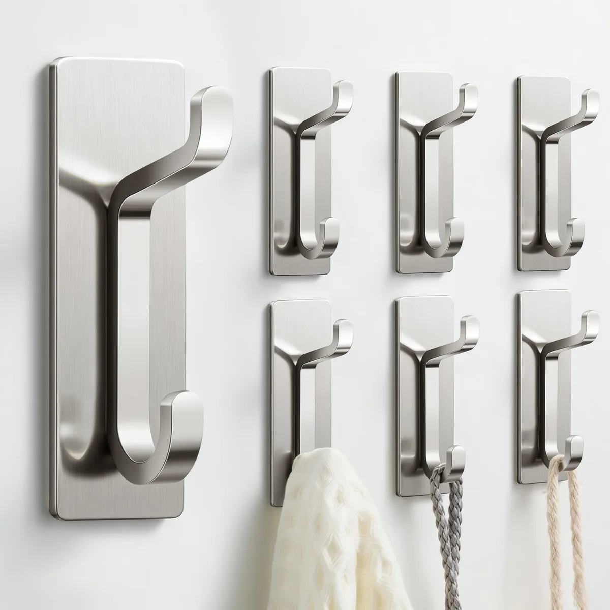 Six brushed nickel adhesive hooks in a pack