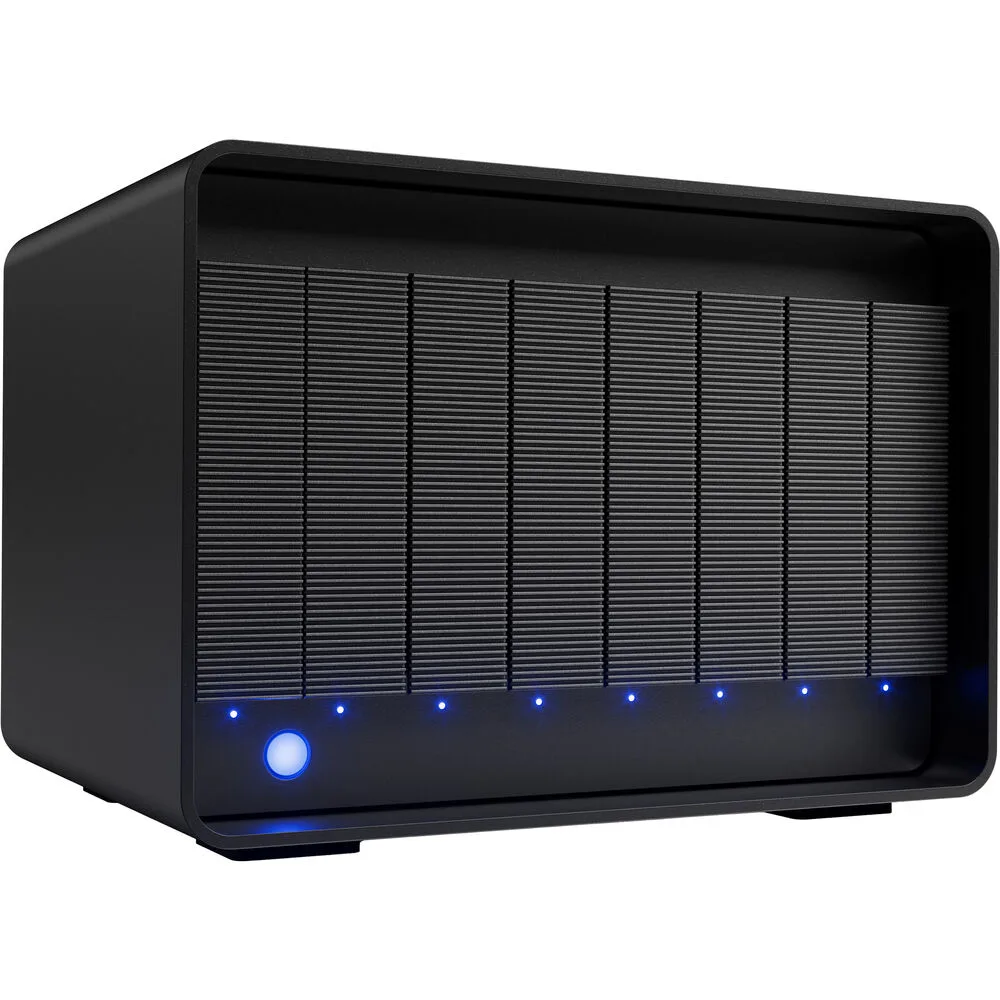 Silver rectangular eight-bay RAID enclosure with Thunderbolt and USB-C ports