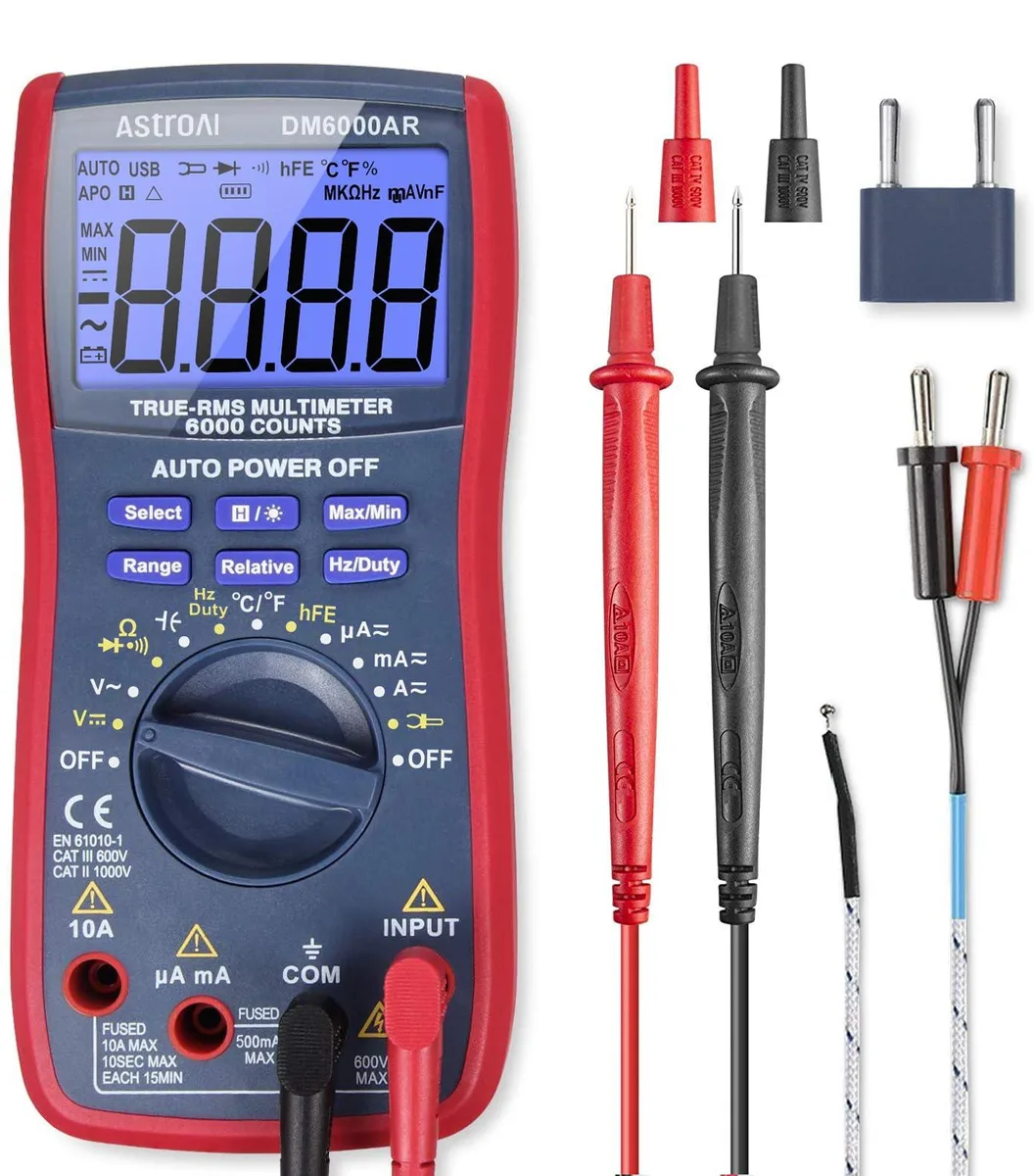 Orange handheld digital multimeter with large backlit LCD display, test leads, and kickstand