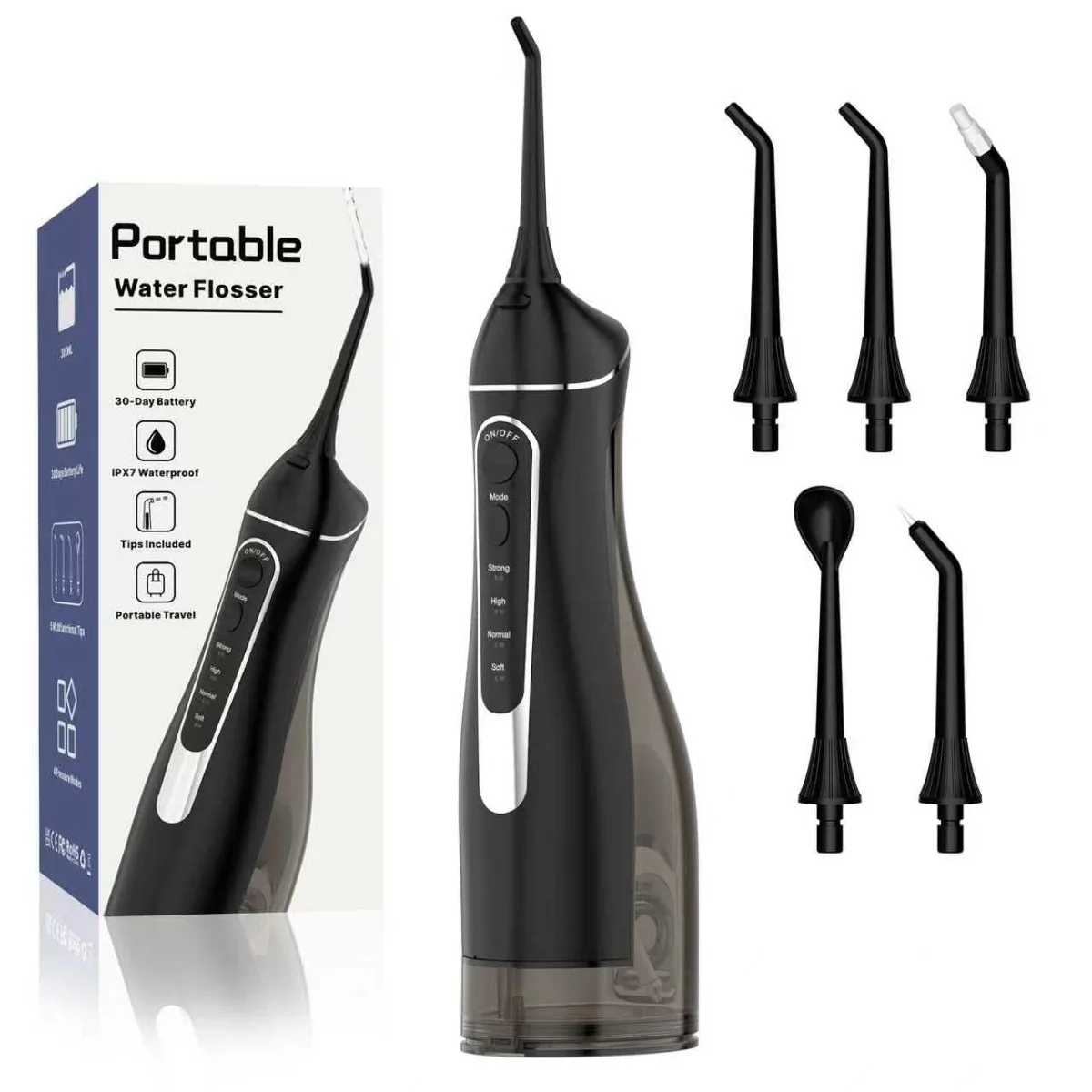 Black cordless water flosser with 300 ml tank and five tips