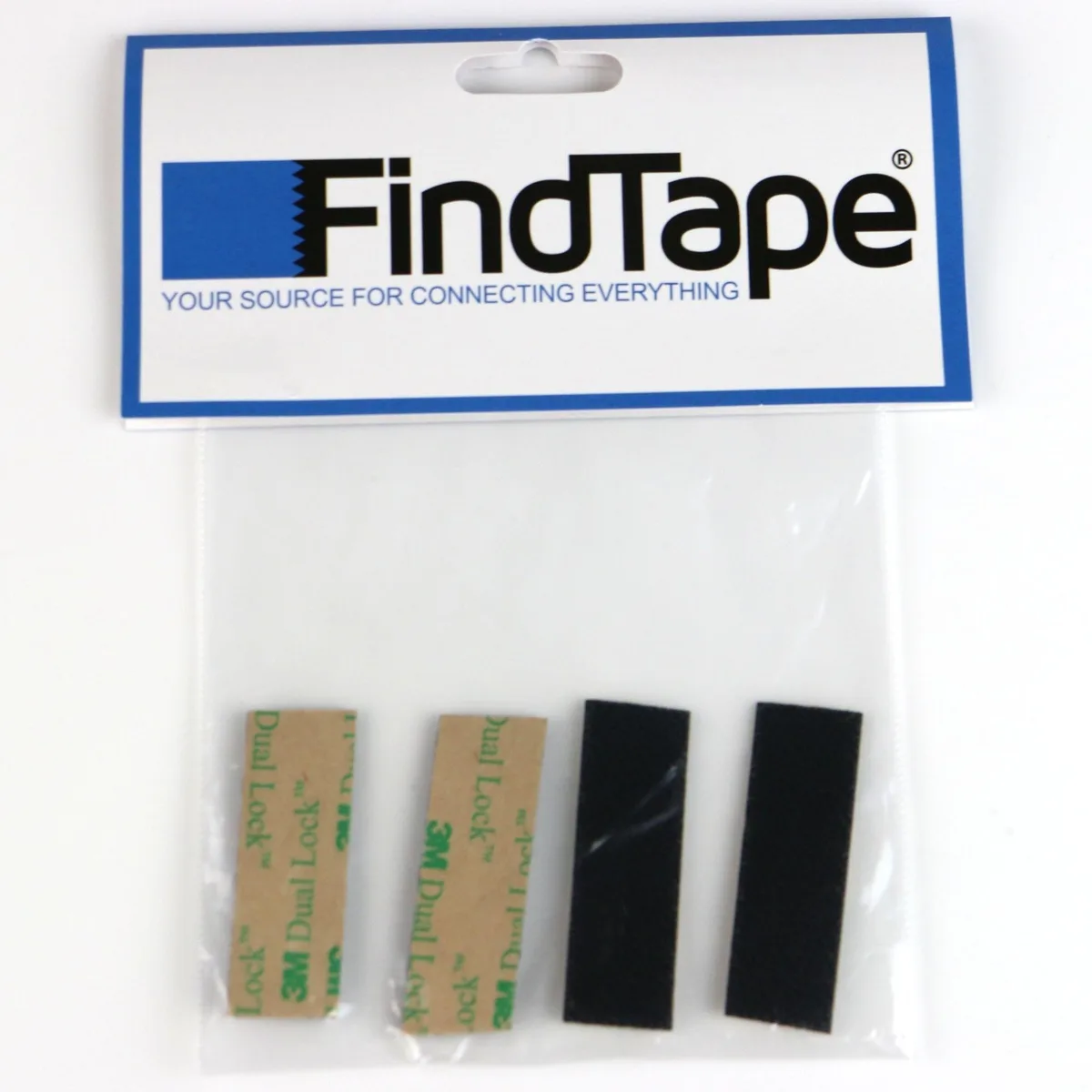 Four black adhesive strips, low-profile reclosable fastener, polypropylene backing, acrylic adhesive, 65 mils thick