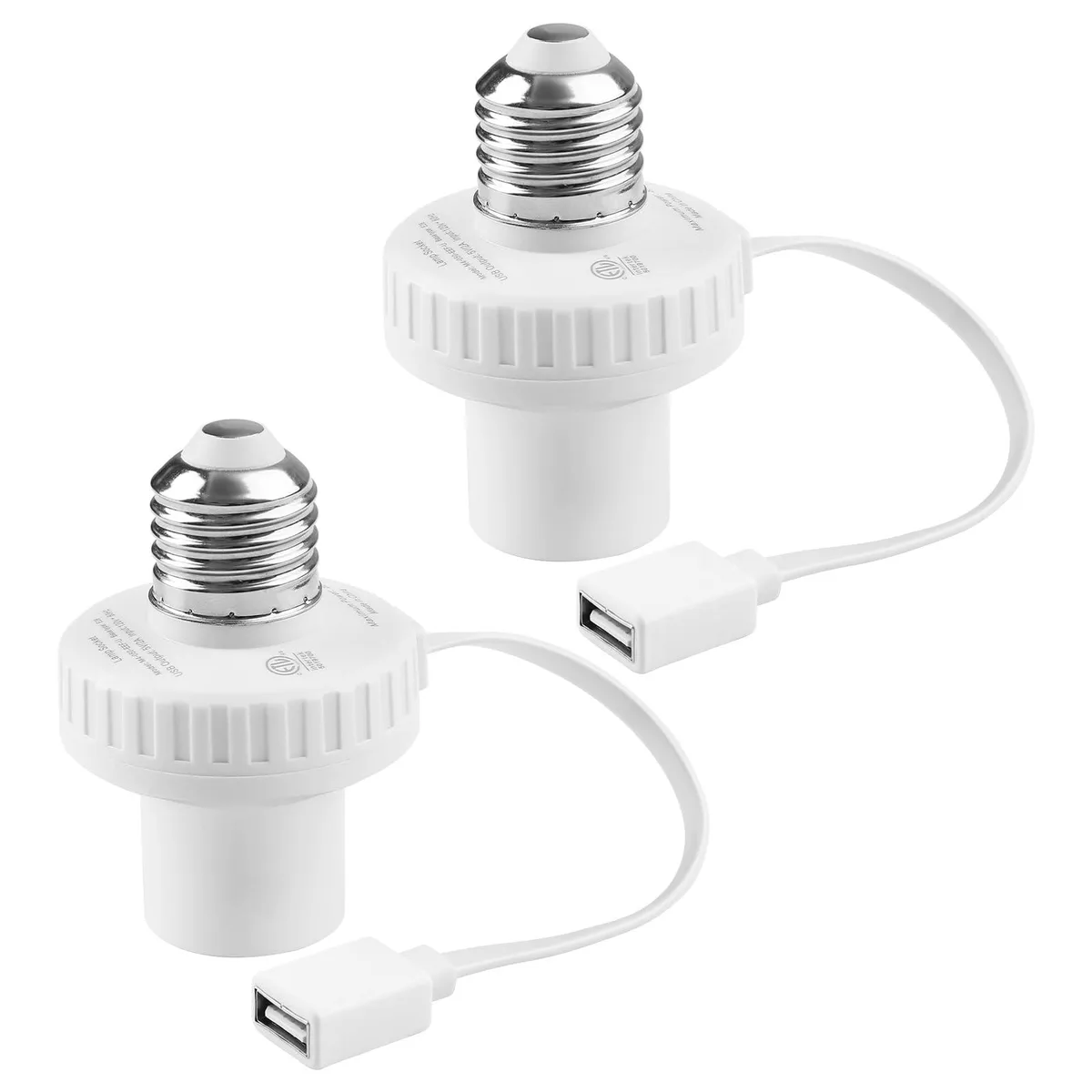 Two white polycarbonate lamp-socket adapters with threaded E26 base and USB port