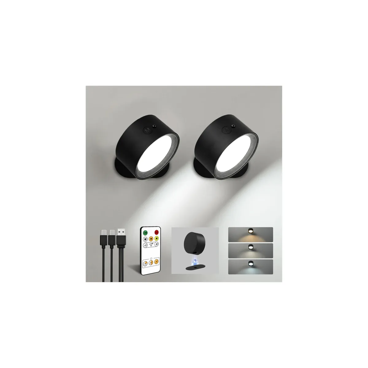 Two black round wall lights with metal and plastic shades, cordless and rechargeable