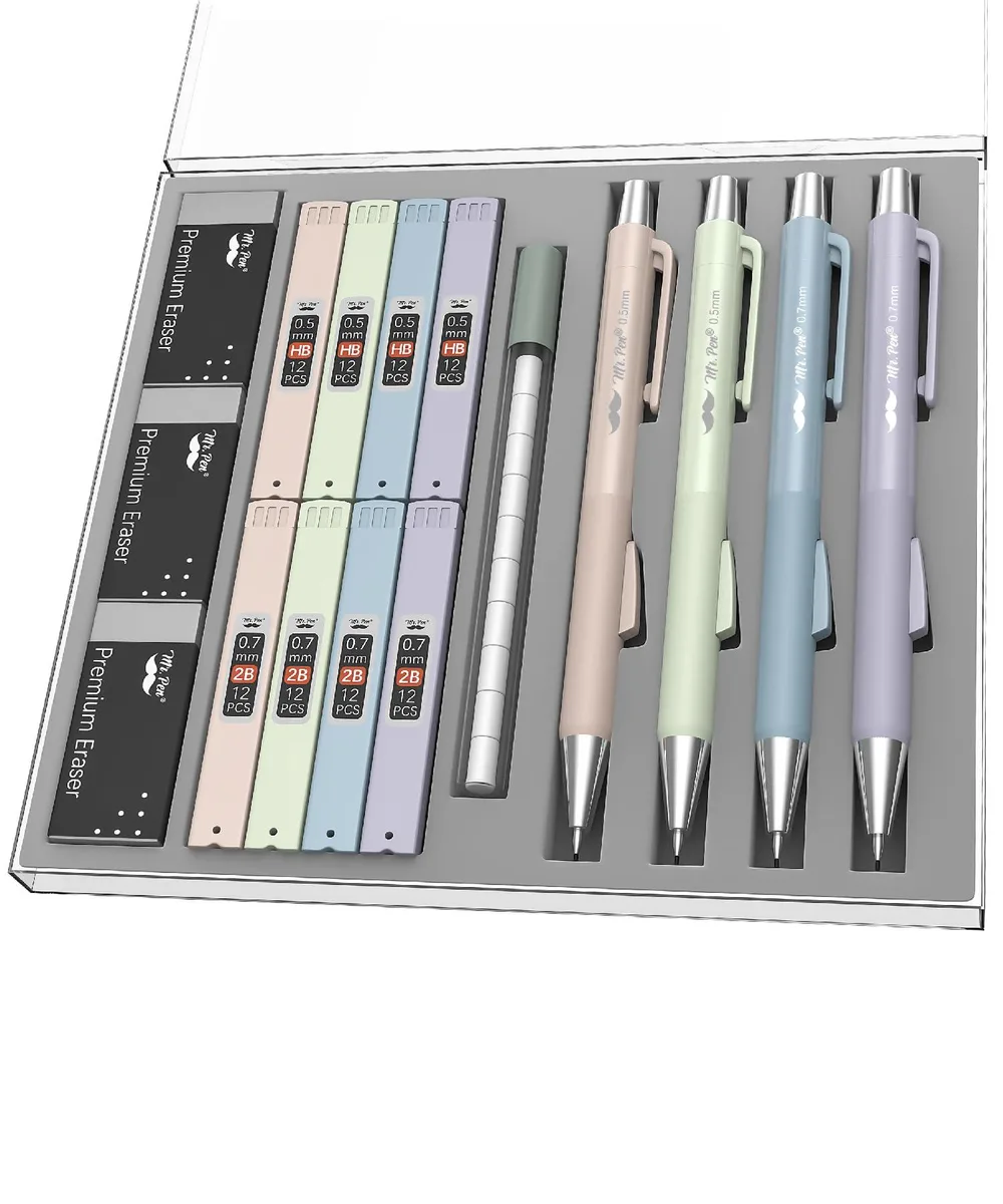 Four pastel mechanical pencils in a storage tray