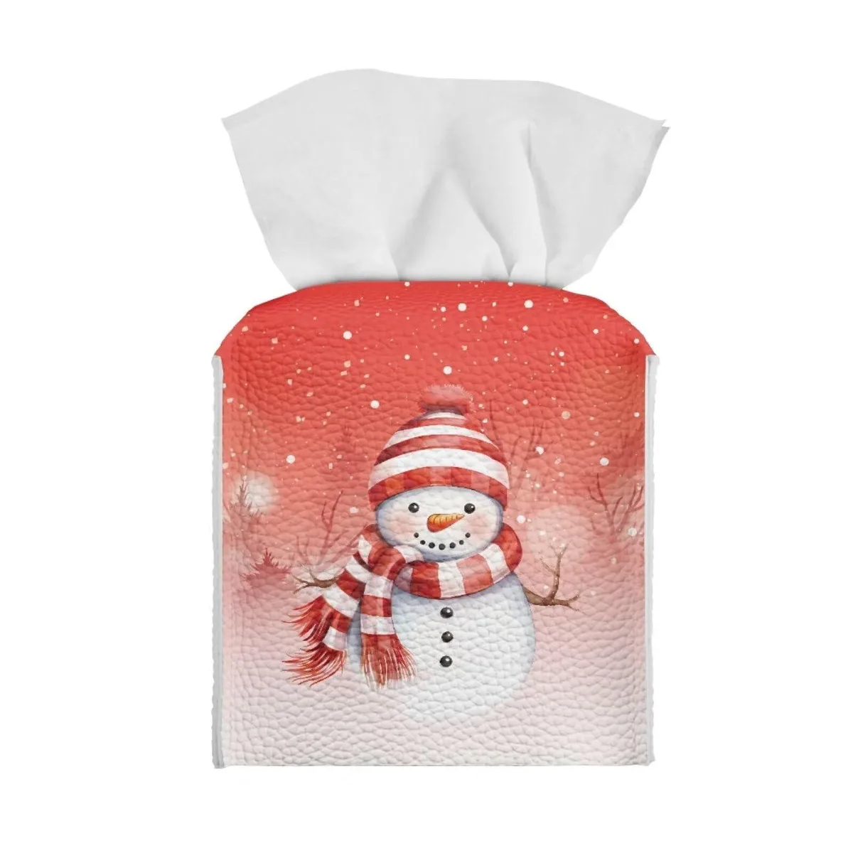 Red snowman tissue box cover, square PU leather, 5.1 by 5.5 inches