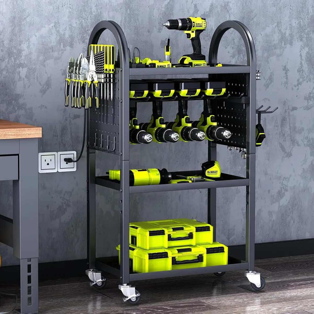 Four-tier rolling metal tool cart with drill holders side pegboard and 360 locking wheels
