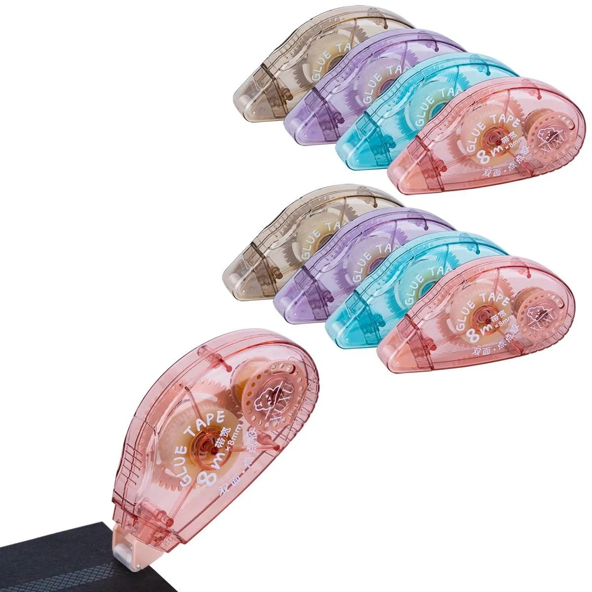 Eight vibrant plastic tape rollers in a pack