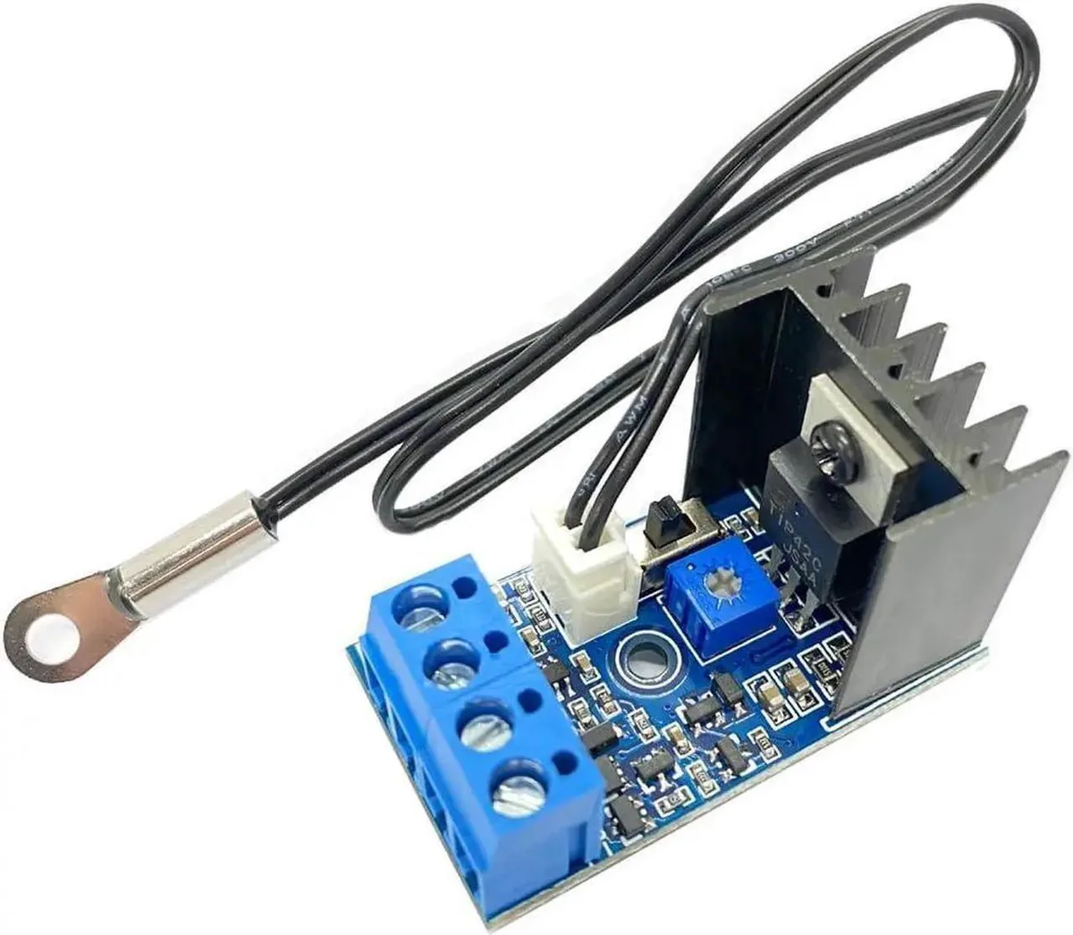 Small rectangular controller board with screw terminals and a long wired temperature probe