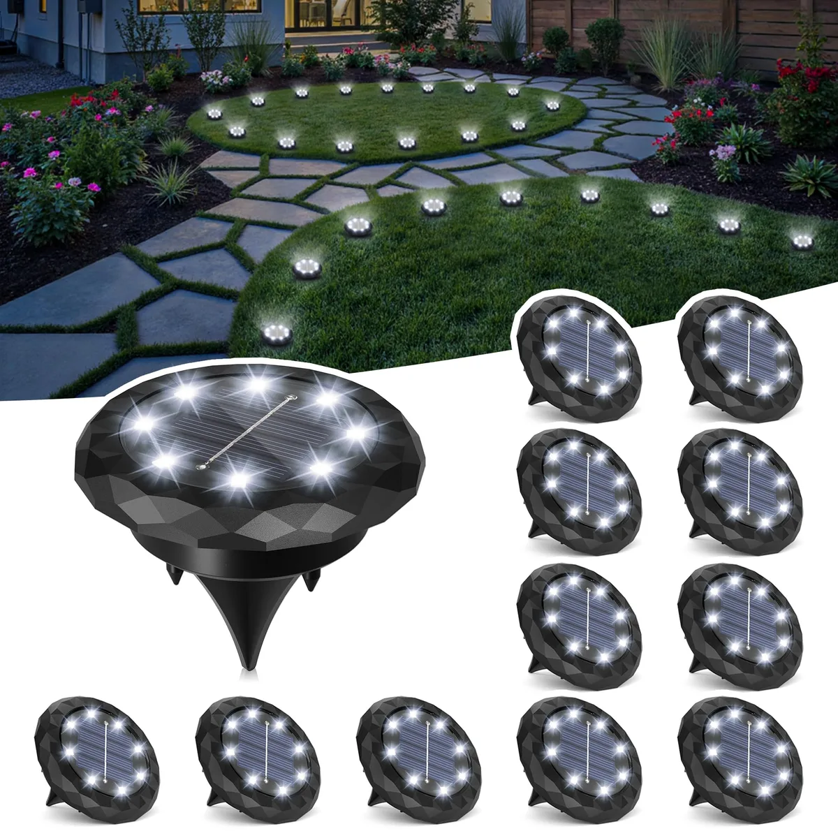 Twelve small round solar ground lights in polished chrome finish