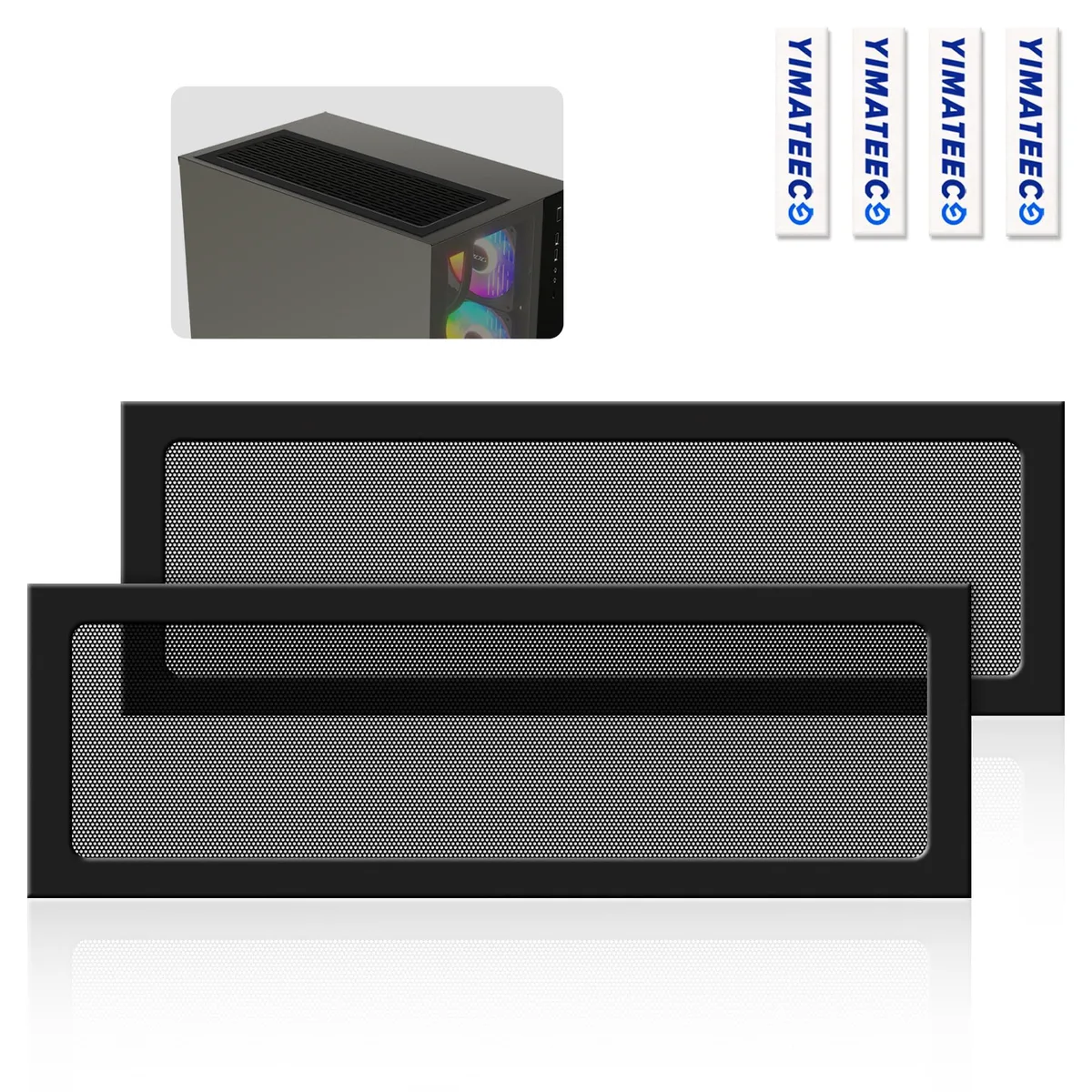 Two black rectangular PVC dust filters with magnetic frames, 120 by 360 millimetres