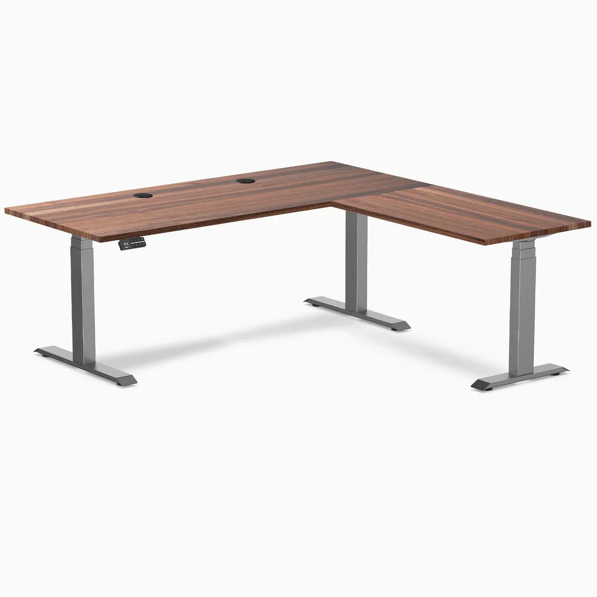 Desky Desky Hardwood L-Shape Sit Stand Desk Walnut Space Gray 72 x 30 x 70 x 24 in — product photo