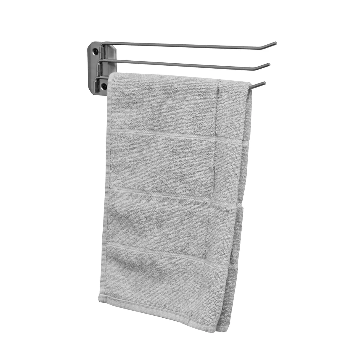 Chrome swing-arm towel rack with three hinged arms on a wall-mounted backplate