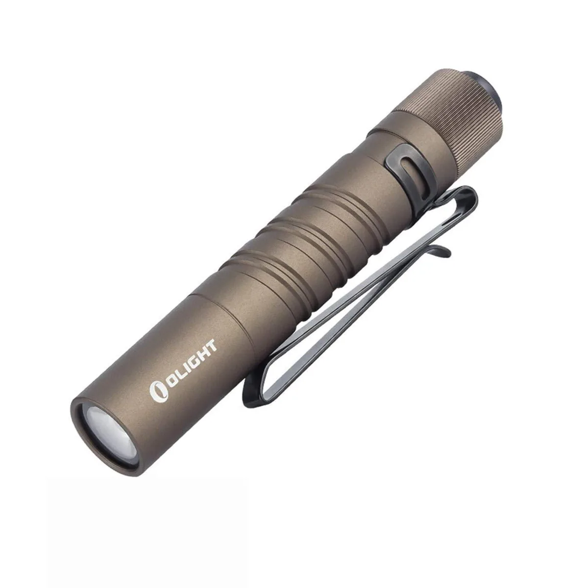 Slim aluminium flashlight in desert tan with double-helix knurling and pocket clip