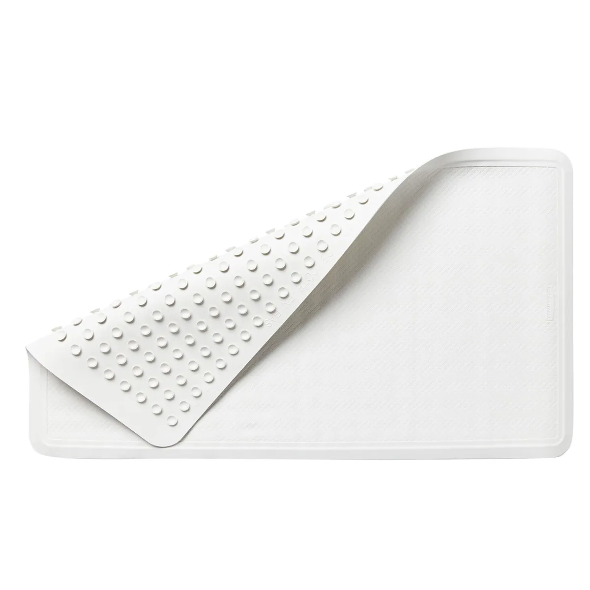 White rectangular bath mat with suction cups on the underside, textured surface, 14 by 24 inches