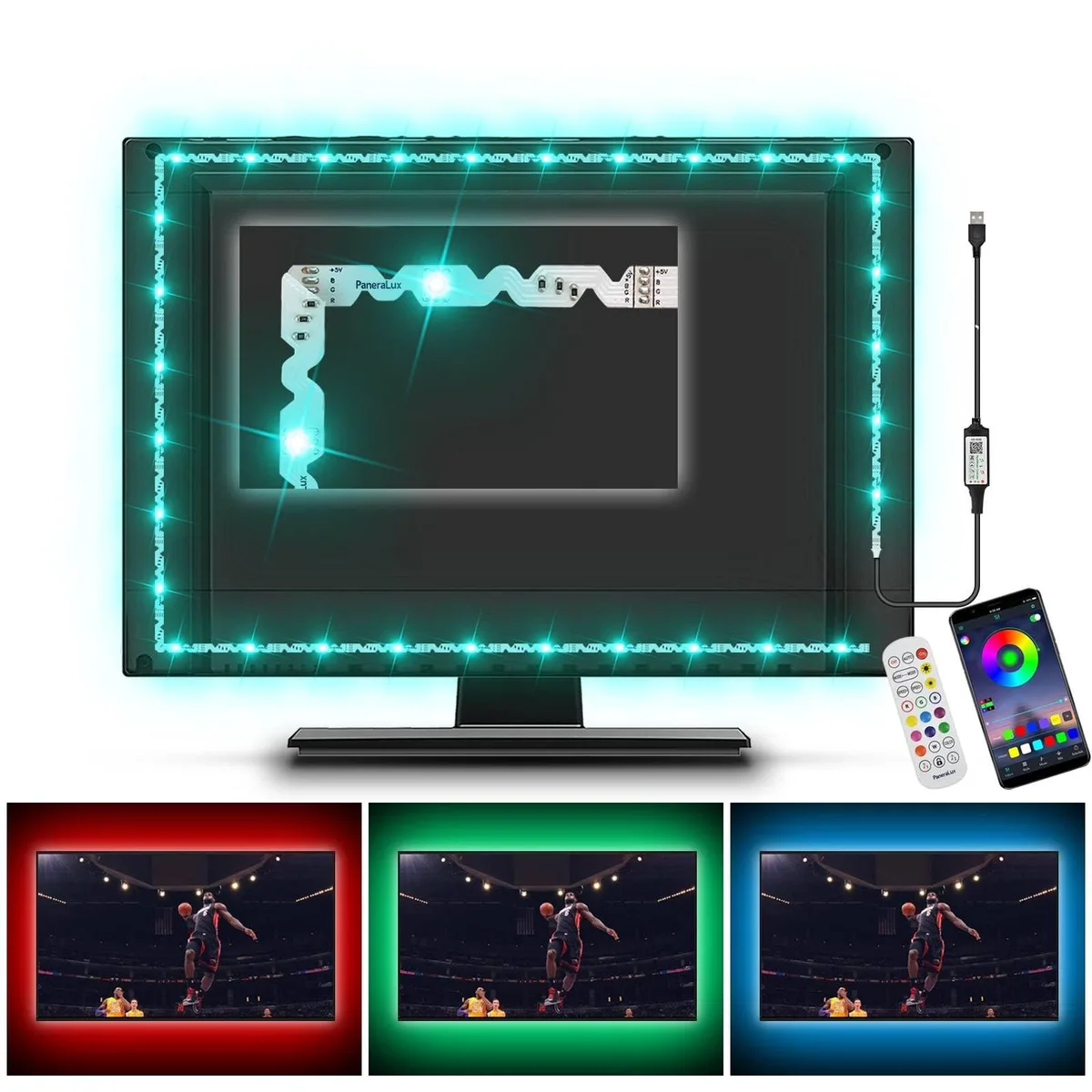 Flexible S-shaped RGB LED strip on a reel, 16.4 ft total length with USB connector and adhesive backing