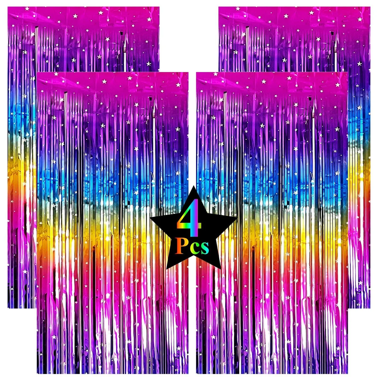 Four 3.3 by 6.6 foot rainbow foil fringe curtains with pre-attached tape