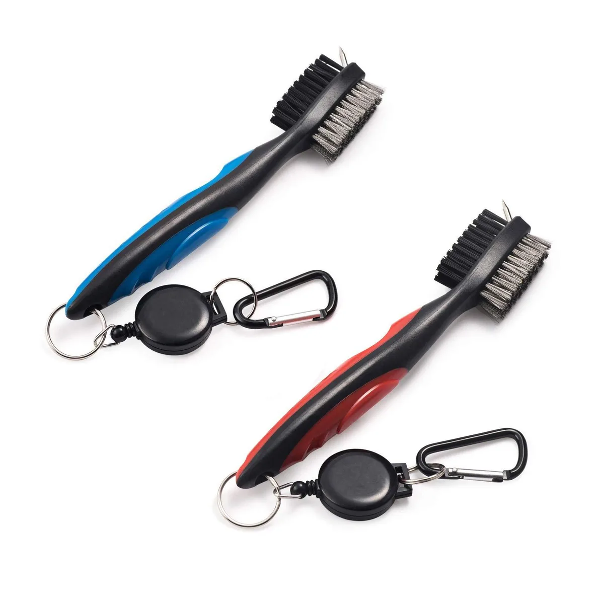 Two golf club brushes red blue with retractable zip lines and aluminum carabiners