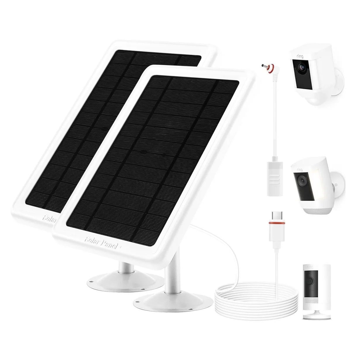 Two white rectangular solar panels with adjustable mounts and long cables