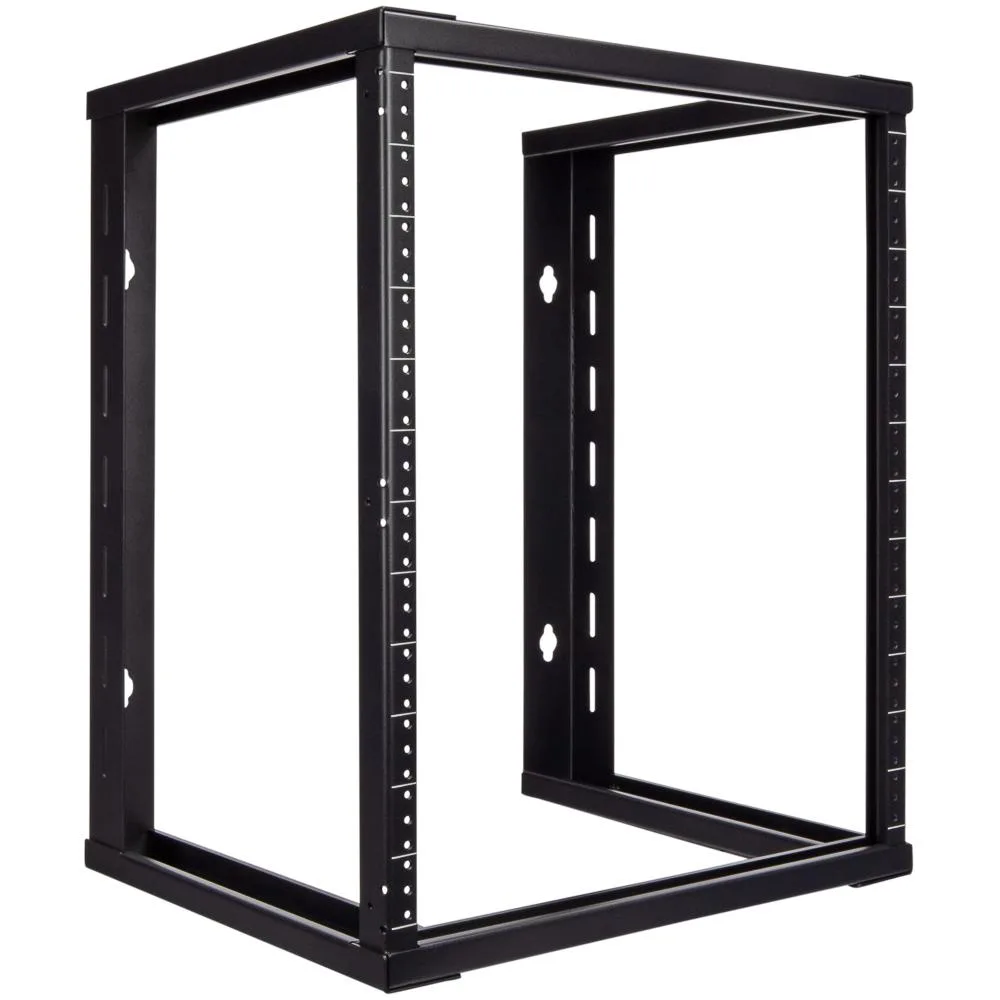 Black open-frame 12U wall-mount rack with threaded 19-inch rails, 16-inch depth, steel powder-coated finish