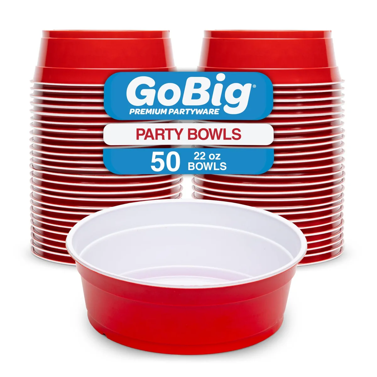 Stack of 50 red plastic party-cup style bowls, round and disposable