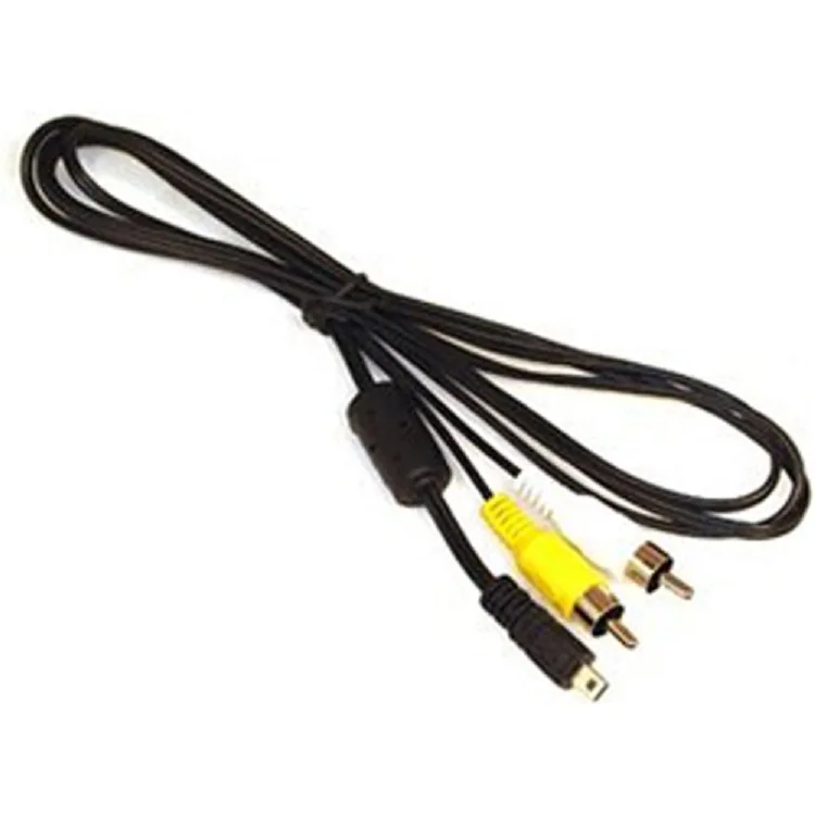 Black AV RCA cable with small camera connector and three colour-coded plugs