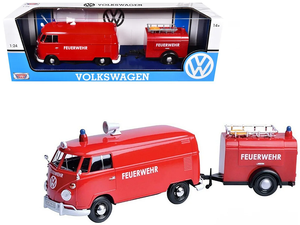 MOTORMAX MOTORMAX Volkswagen Type 2 (T1) Fire Van with Trailer "Feuerwehr" Red 1/24 Diecast Hobby Collectible — product photo