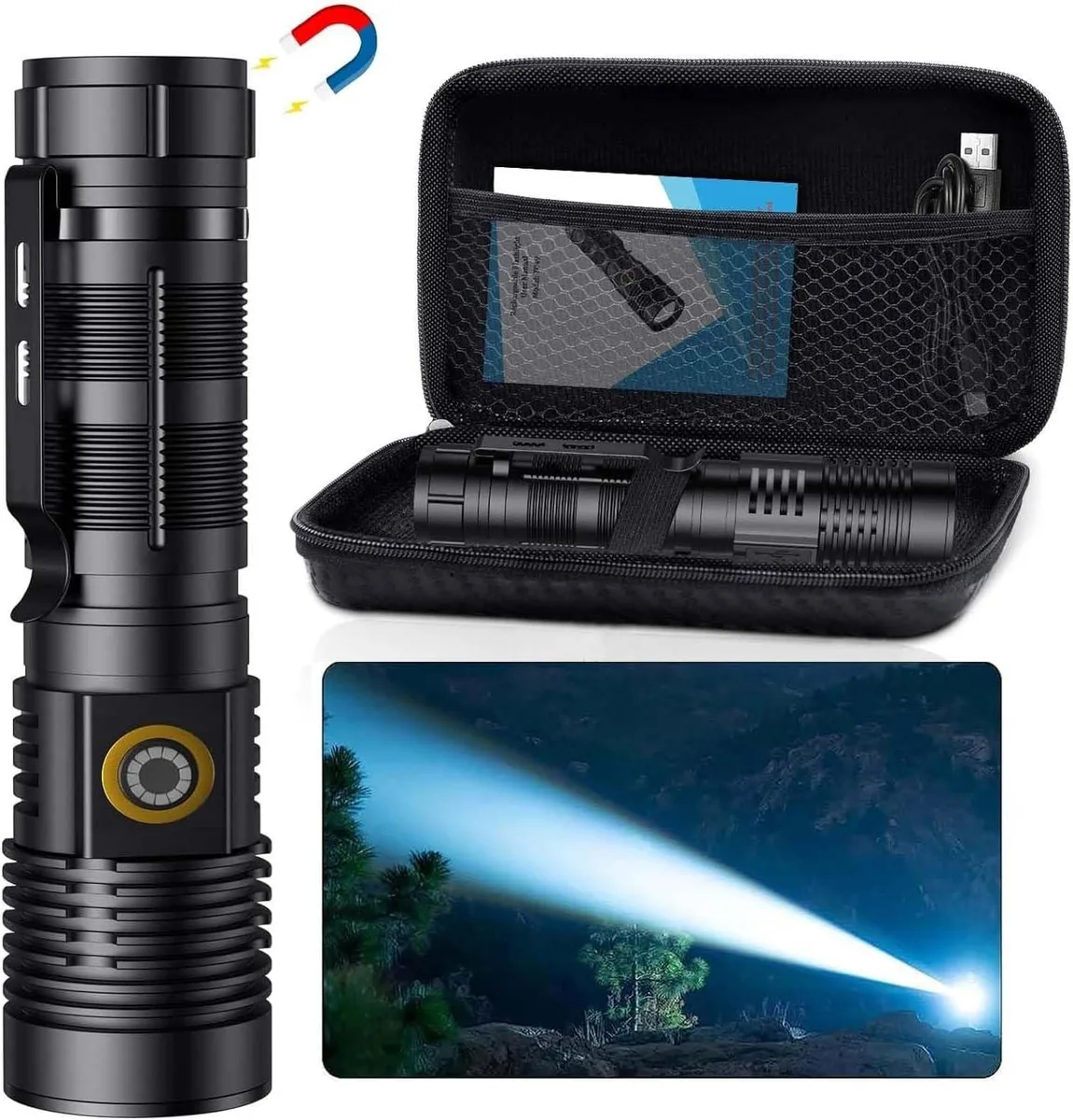 Compact USB-C magnetic flashlight with zoomable lens and aluminum finish