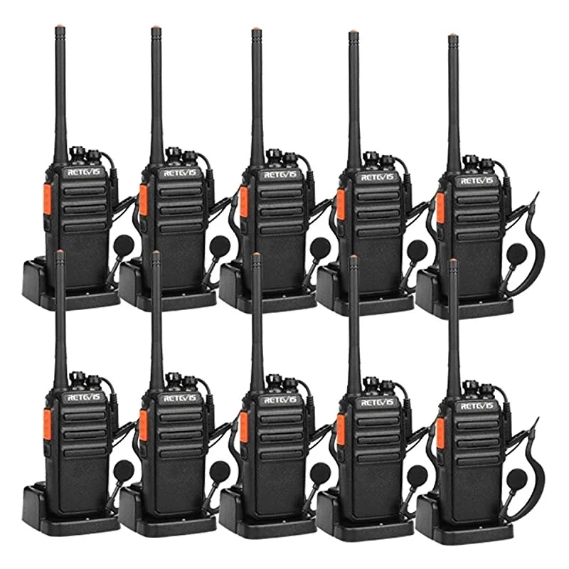 Ten black two-way radios with fixed antennas and earpieces in a row