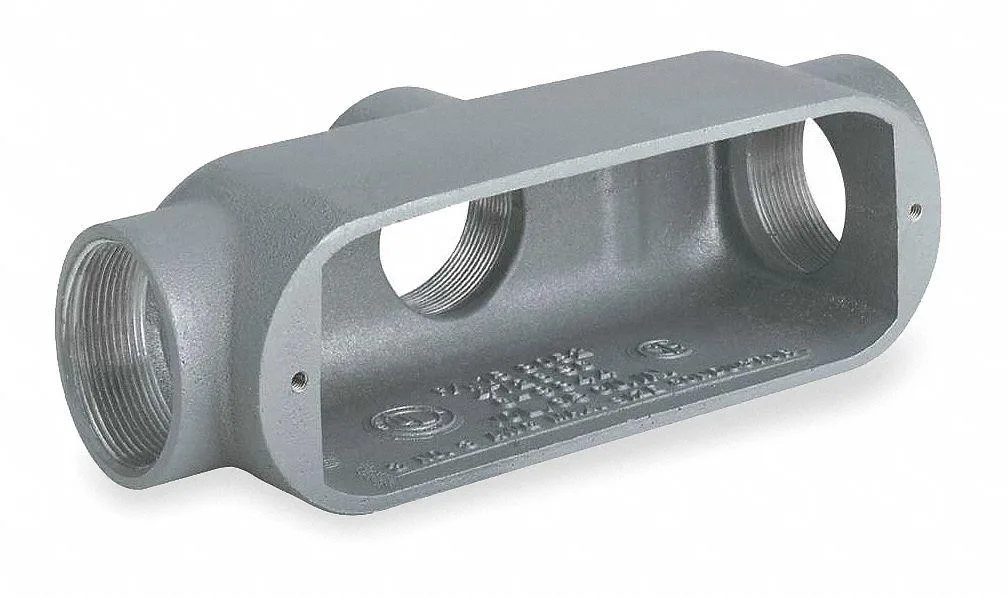 Gray powder-coated aluminum conduit outlet body with threaded hubs