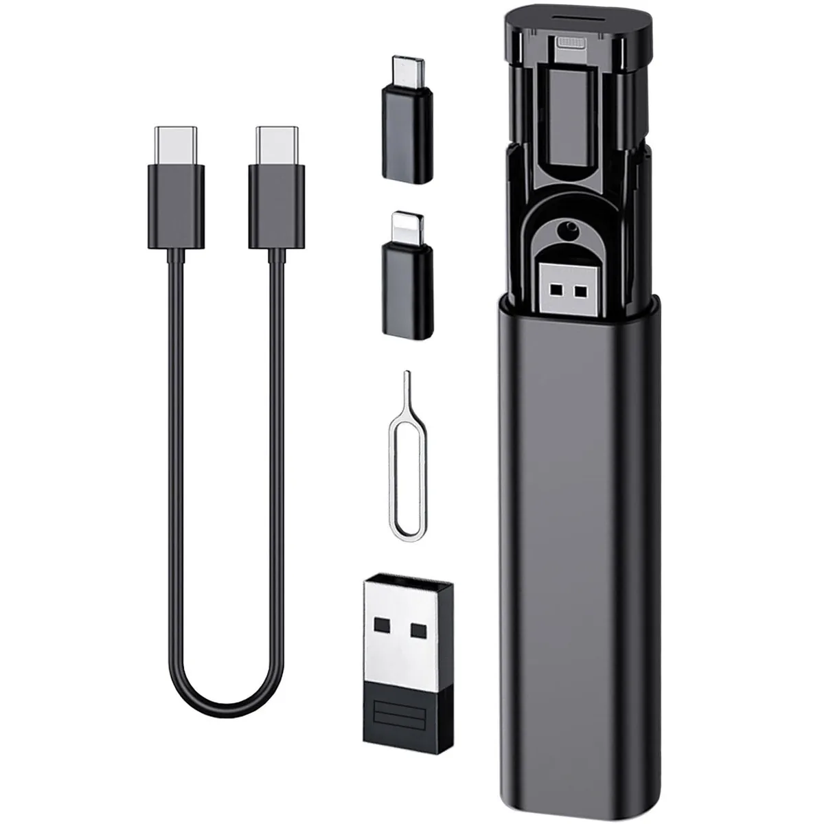 Black rectangular adapter kit with multiple USB connectors and SIM card slots, 36 grams