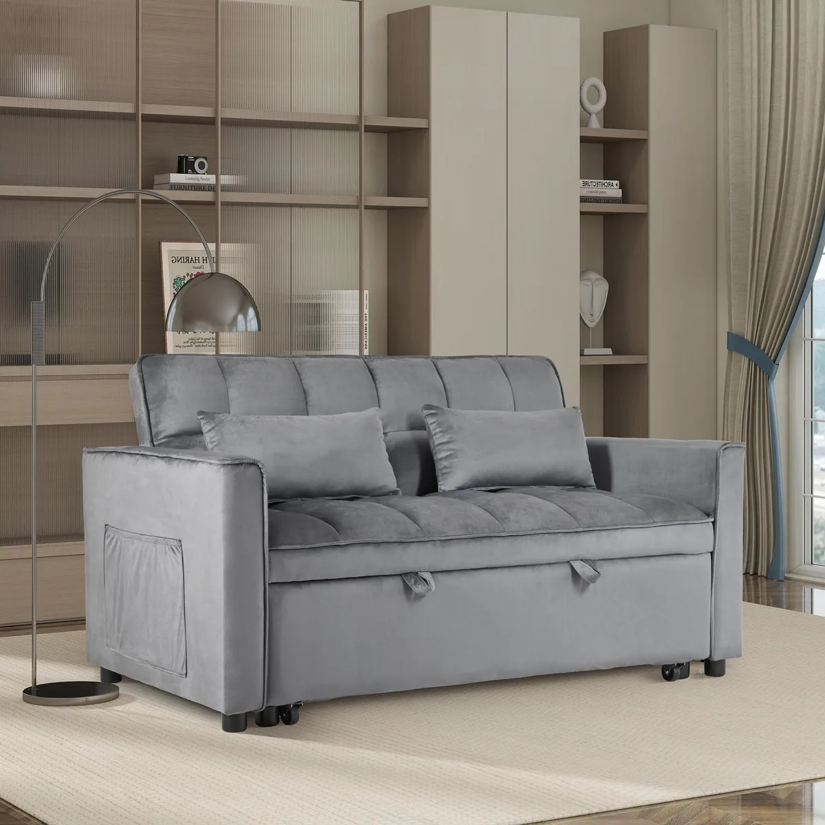 Light gray convertible sofa bed with reclining backrest and pull-out mechanism