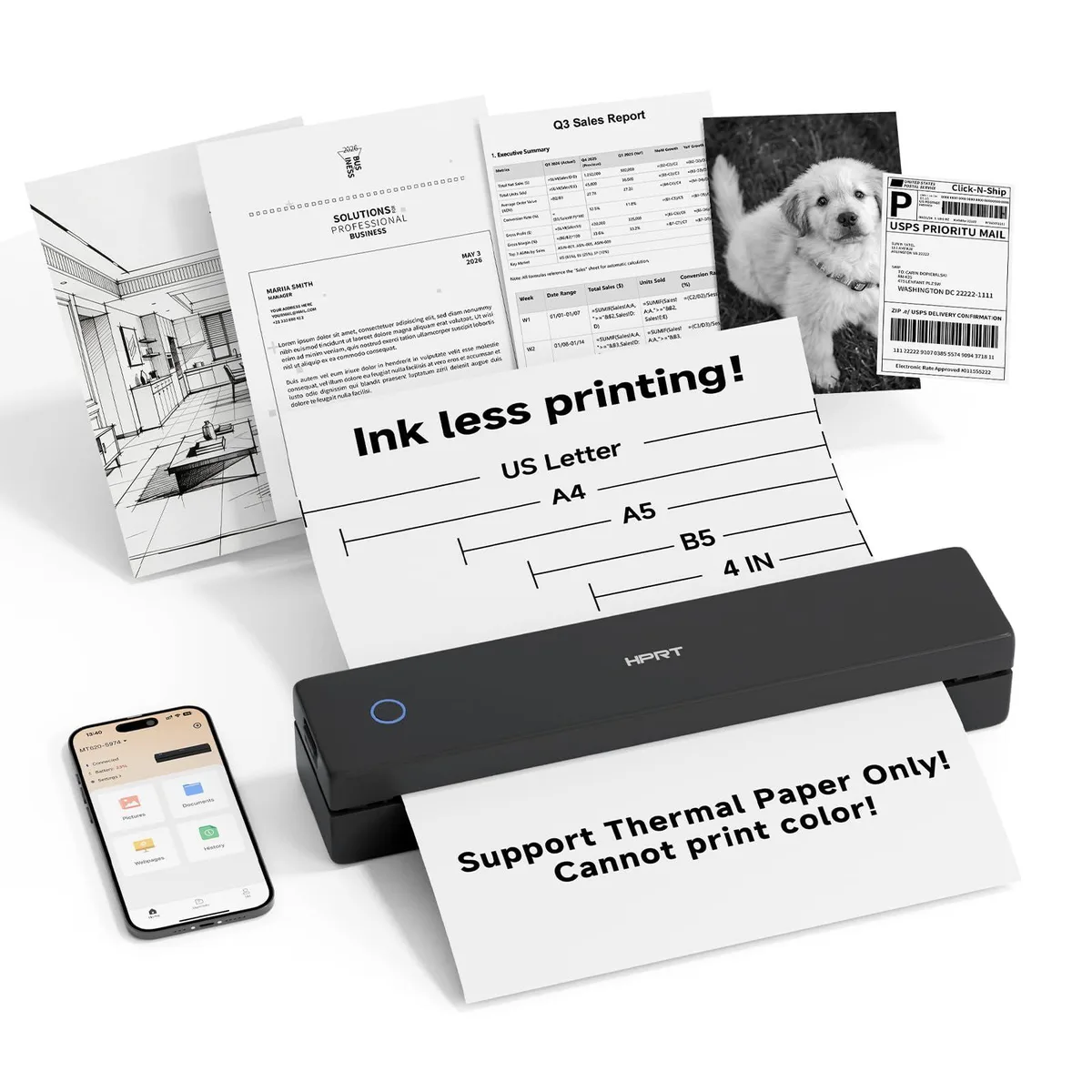 Compact white rectangular thermal printer with smooth matte finish and rounded edges