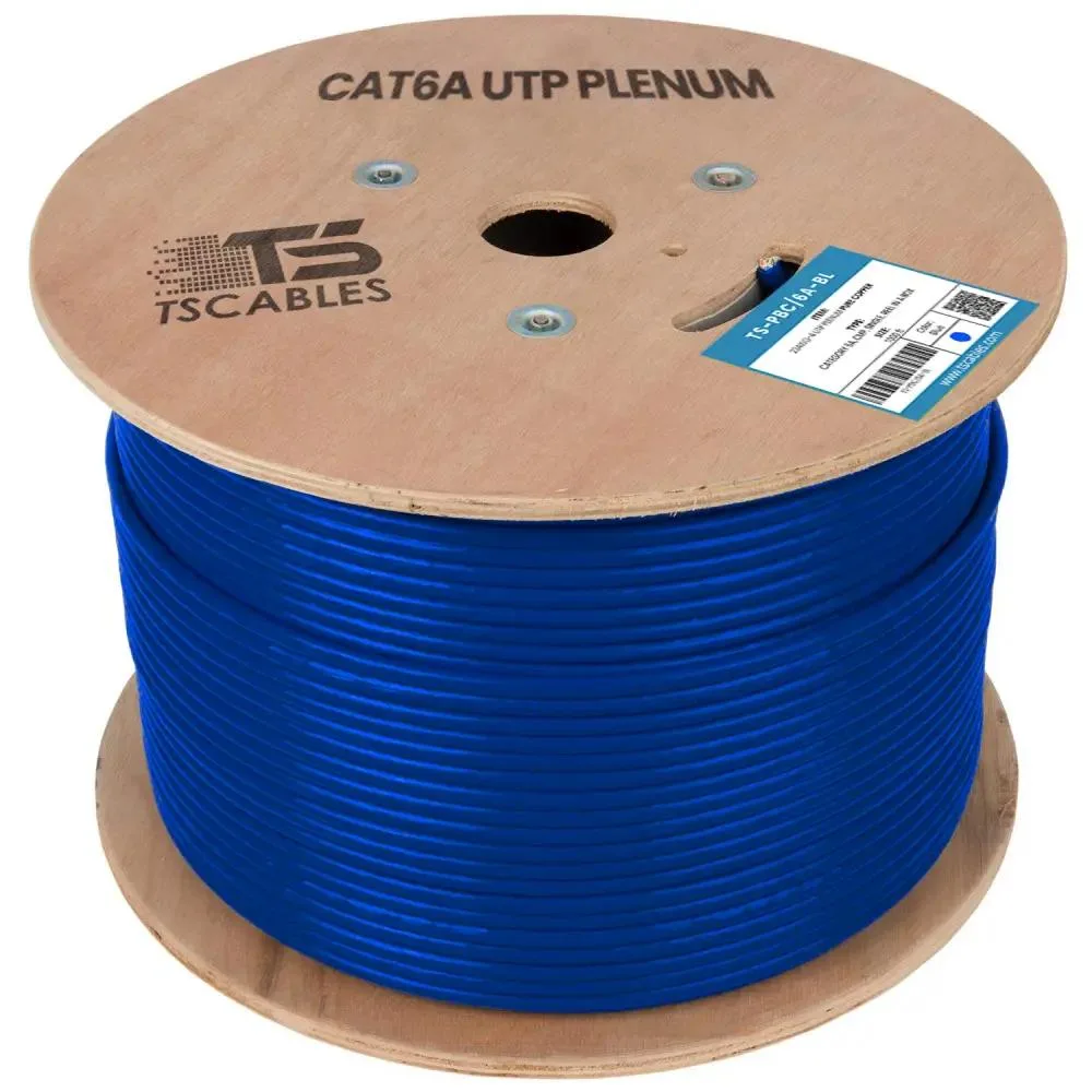 Blue Cat6a plenum UTP ethernet cable on 1000ft spool