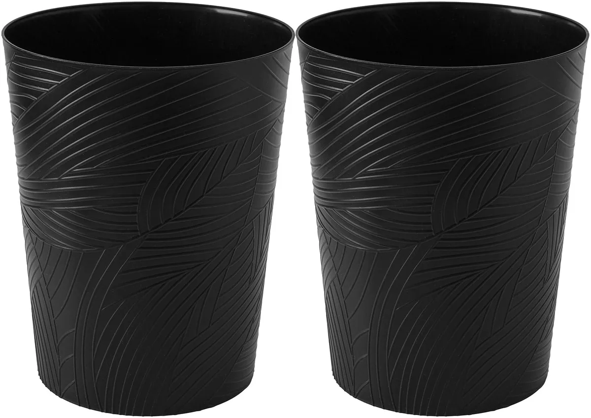 Three white round plastic wastebaskets with embossed leaf pattern, 7.8 inch diameter, 10 inches high