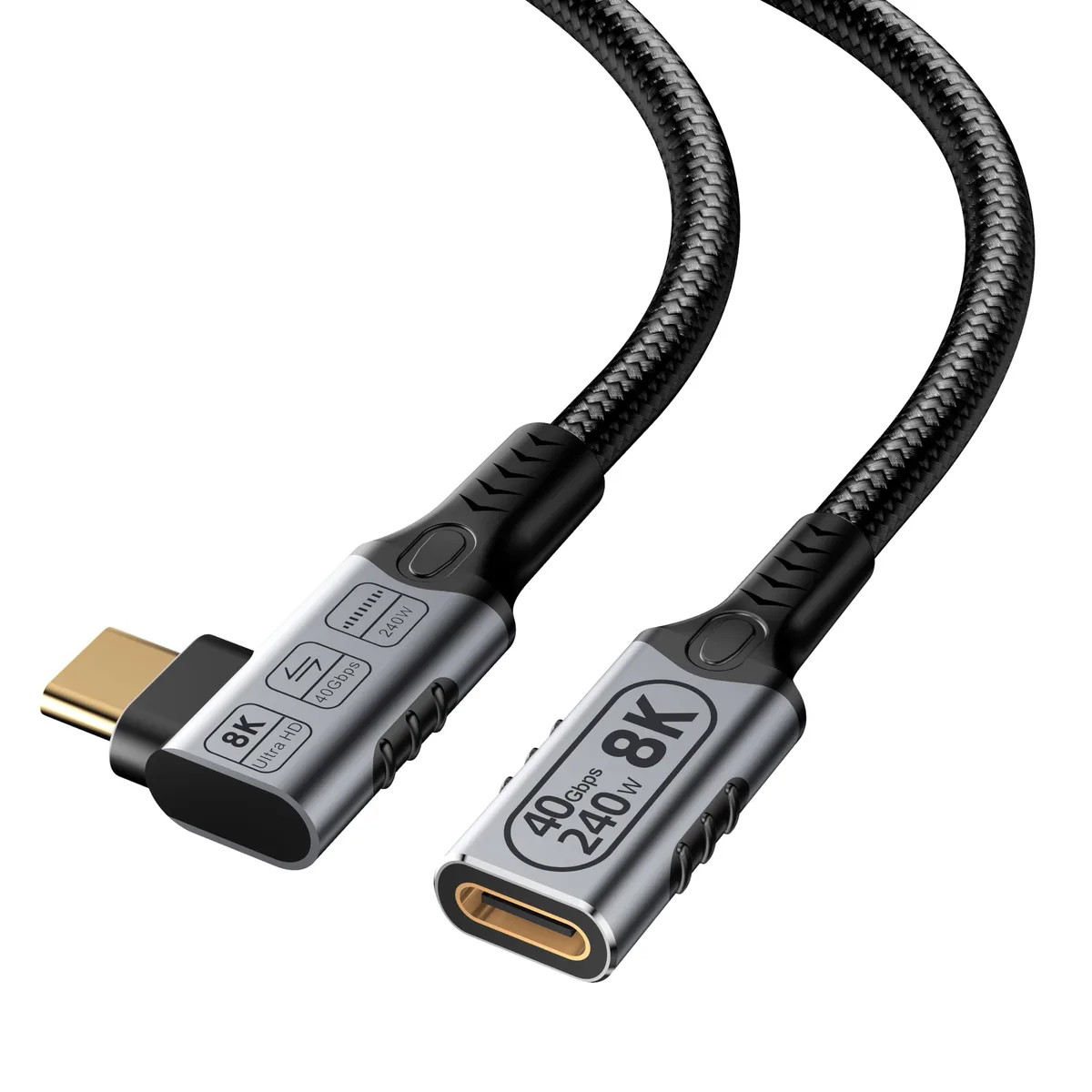Nylon-braided USB-C 90-degree extension cable, male-to-female, 3.3FT