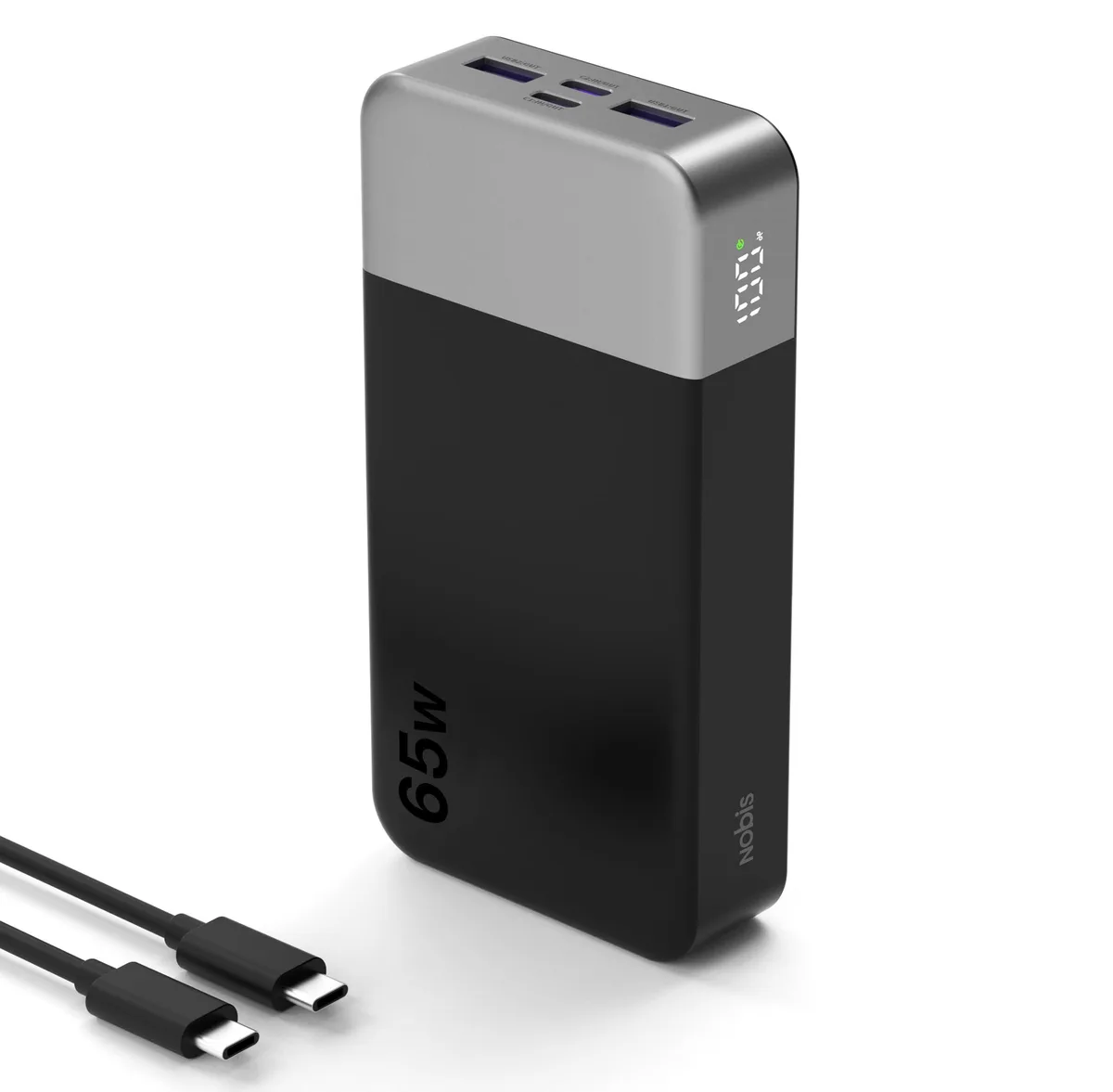 Black rectangular power bank with digital display and four ports
